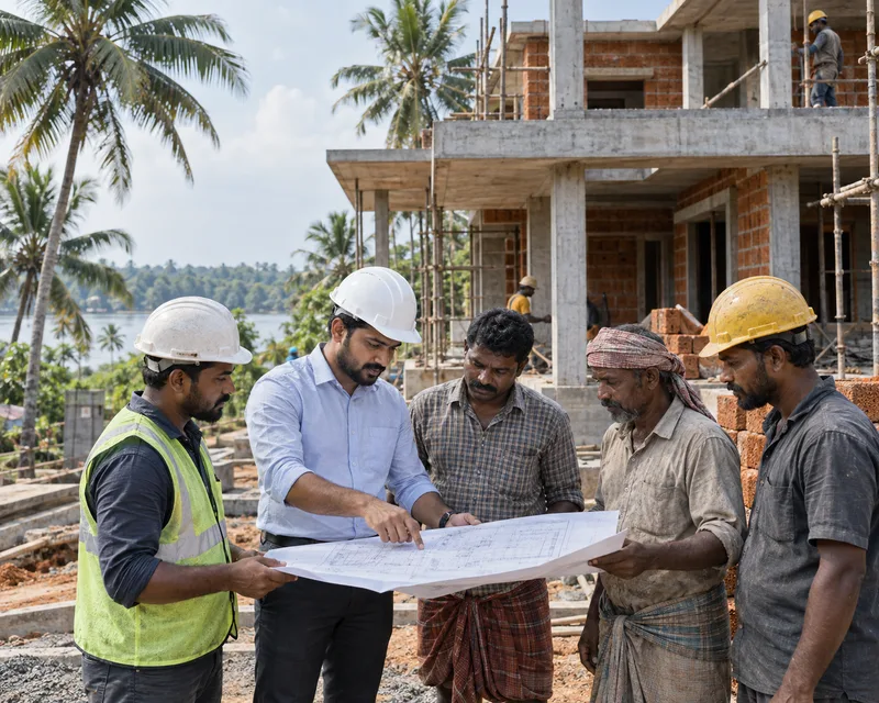 Homeland engineers, supervisor and craft team reviewing one construction drawing at a Kerala site