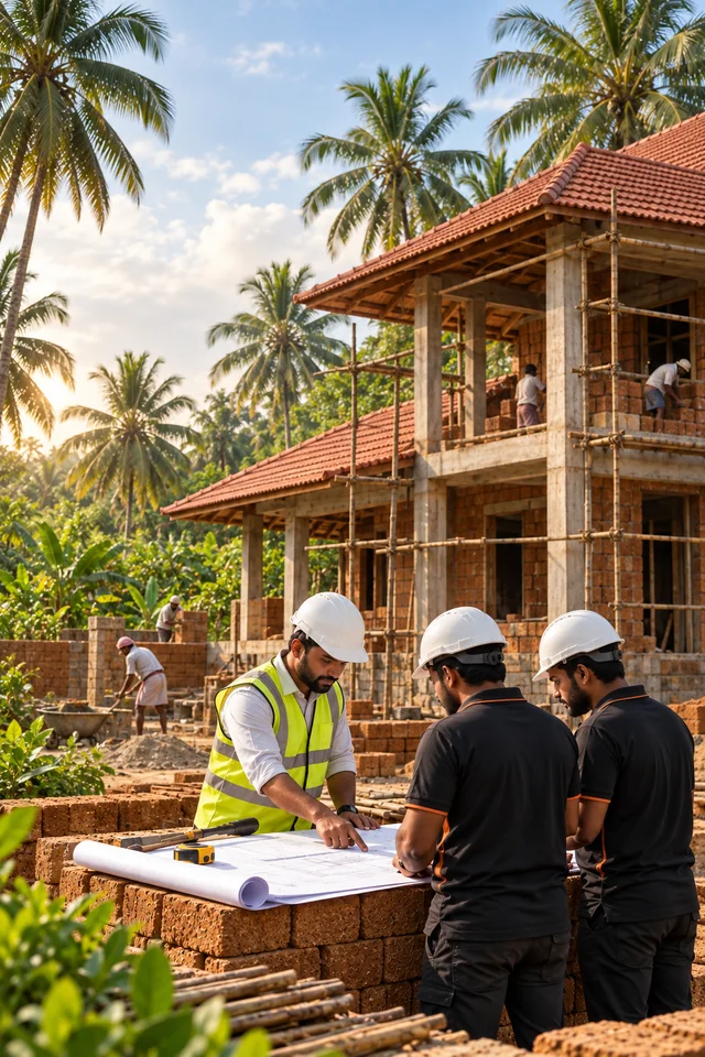 Three construction professionals in plain hard hats reviewing drawings at a Kerala tiled-roof home under construction, surrounded by coconut palms and laterite stonework