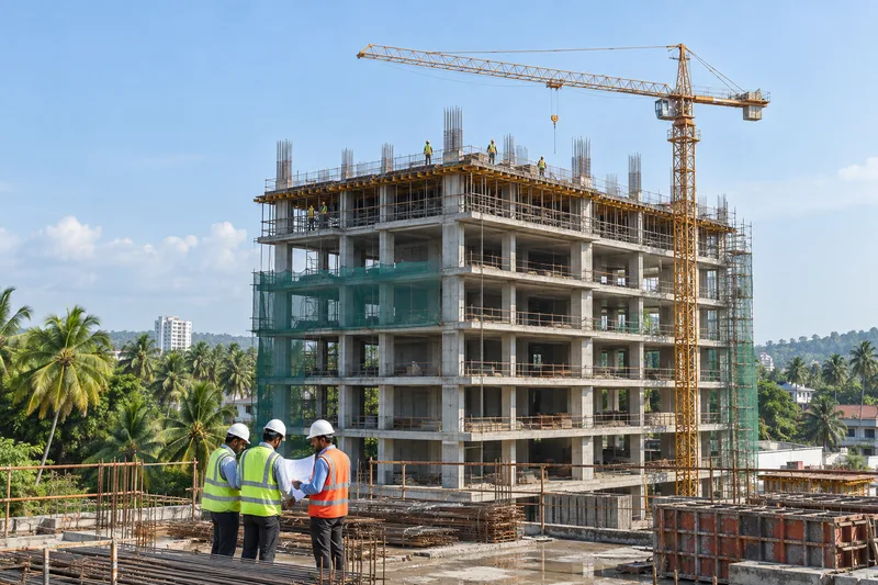 Kerala commercial building under construction with engineers inspecting the site