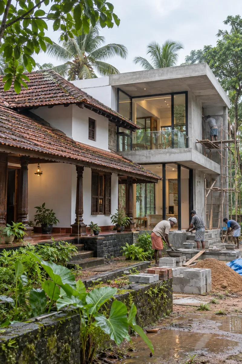 Existing Kerala house being renovated with a modern new extension