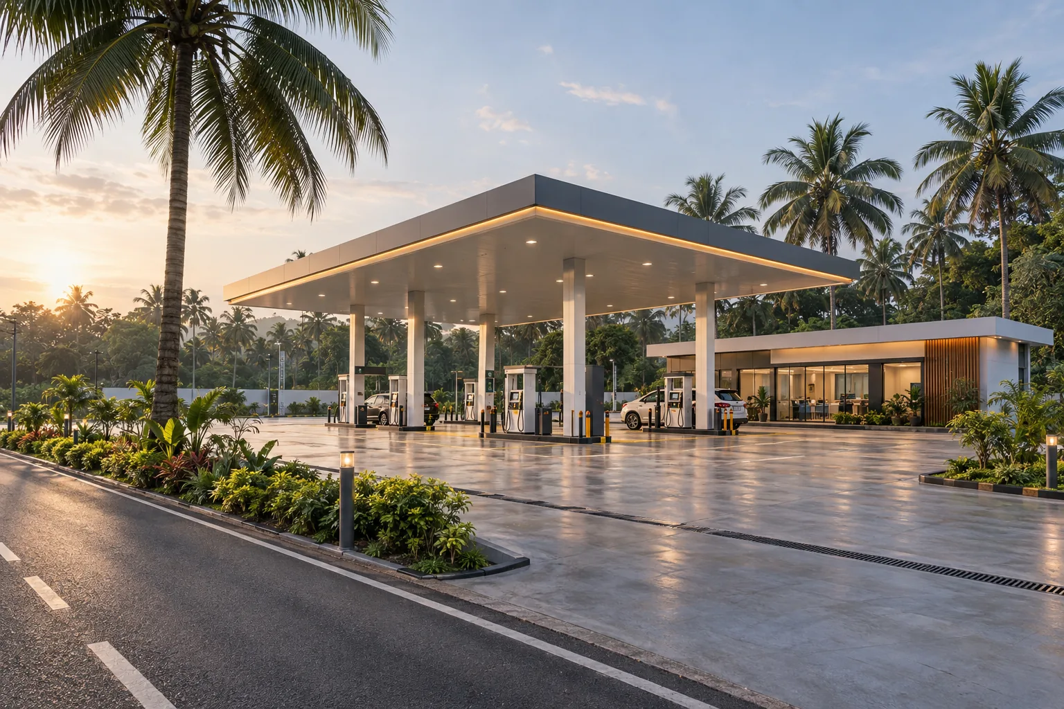 Petrol pump and fuel station construction concept in a Kerala roadside setting