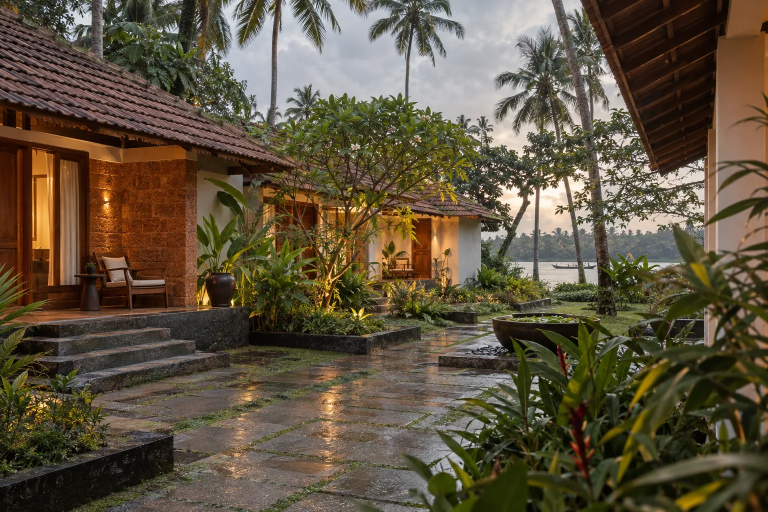 Kerala resort hospitality construction concept with shaded guest villas
