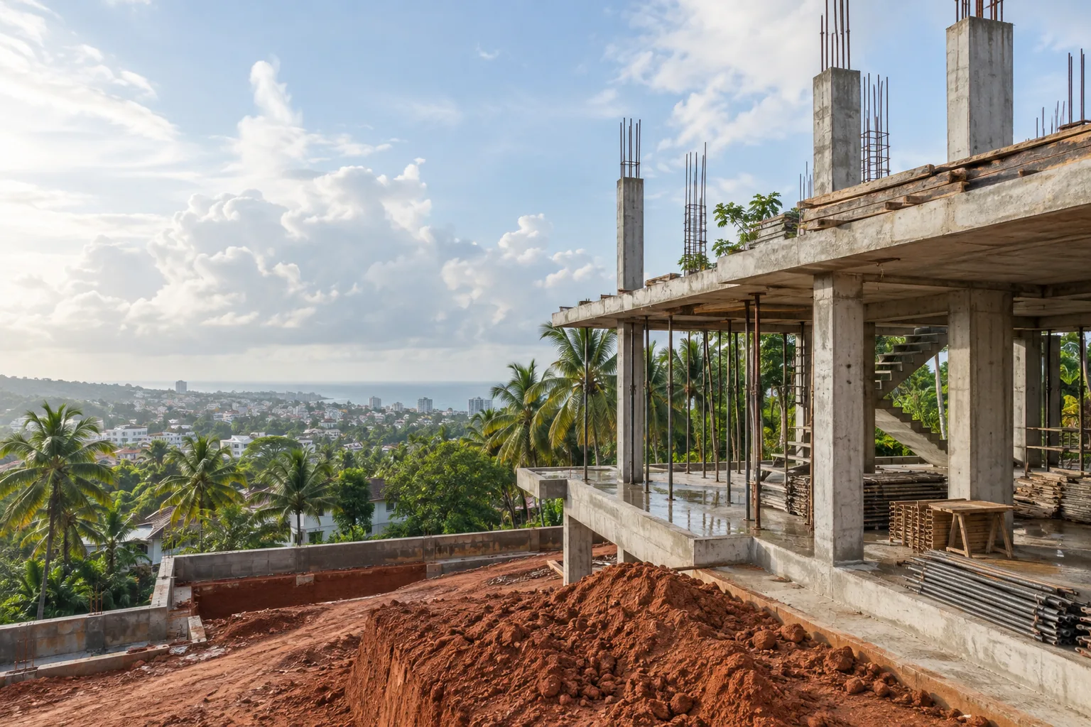 Structural building frame under construction in a Kerala setting