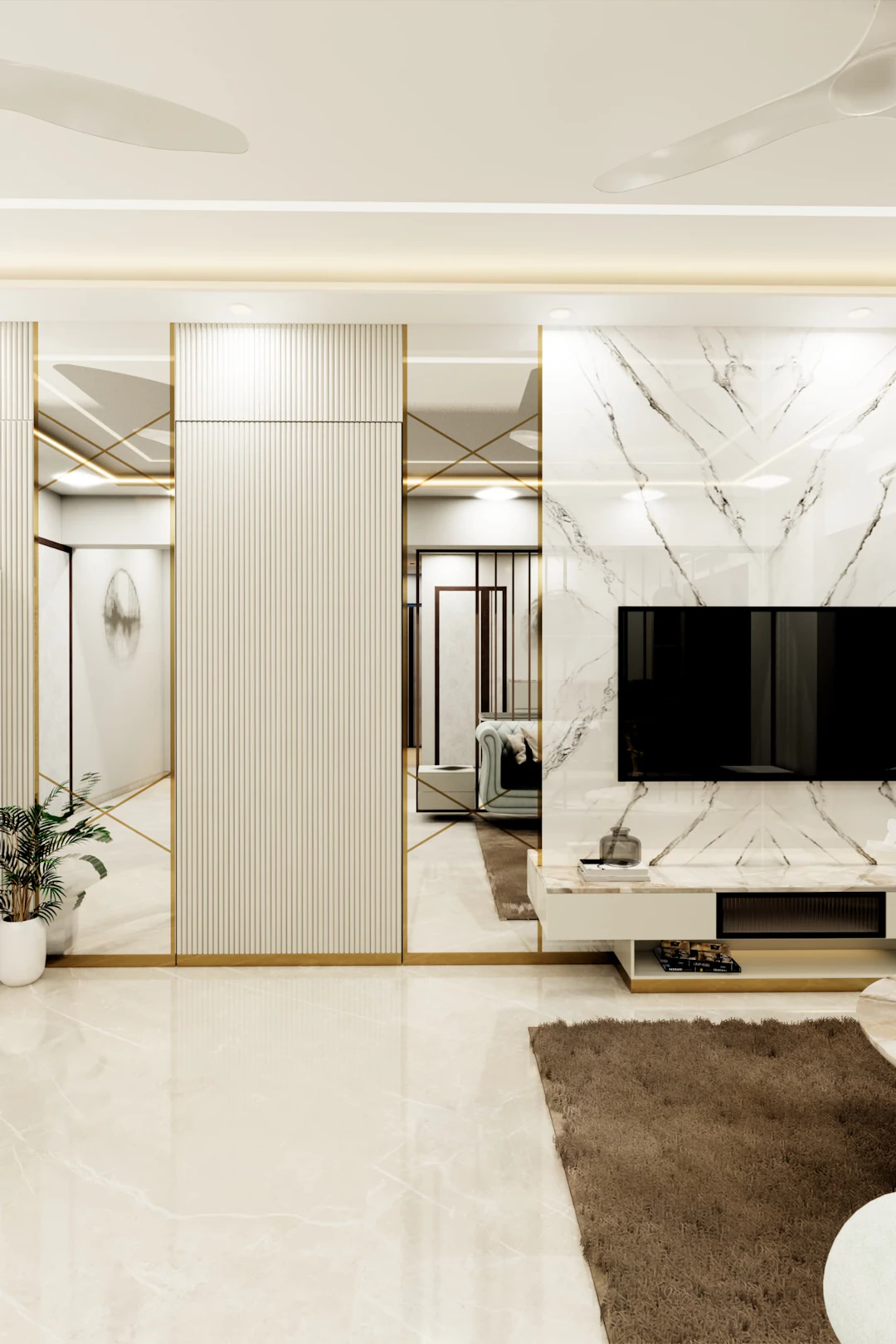 Living room with a cove-lit false ceiling, marble flooring and a built-in television wall
